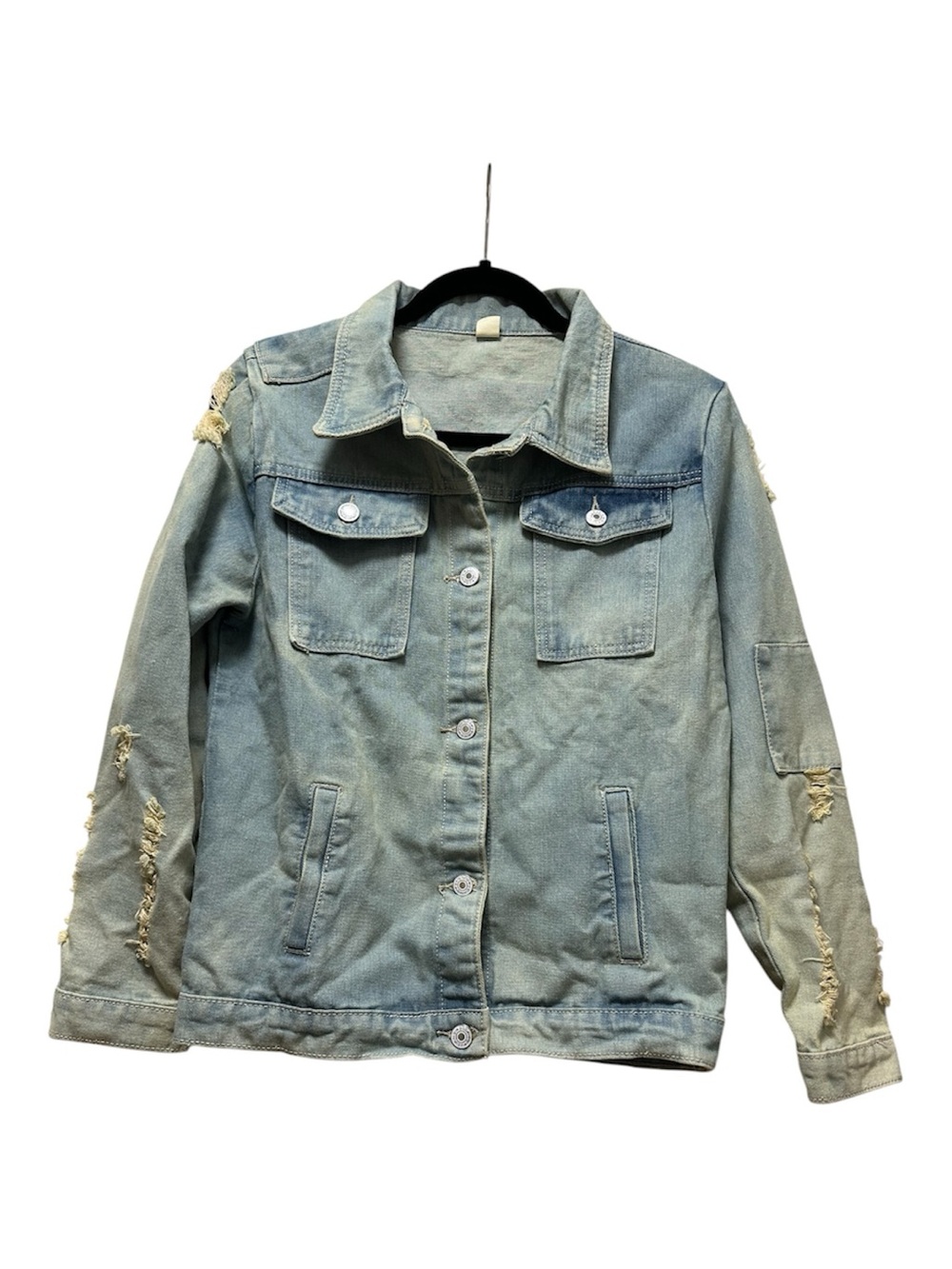 Light Blue Distressed Denim Jean Jacket with Graphic Print